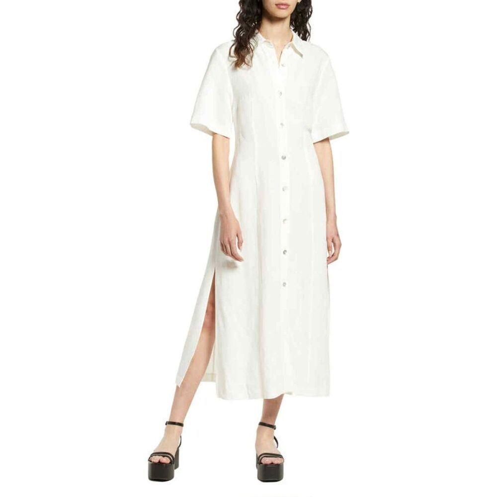 & Other Stories Shell Button Linen Blend Midi Shirtdress in Offwhite, NWT, 12